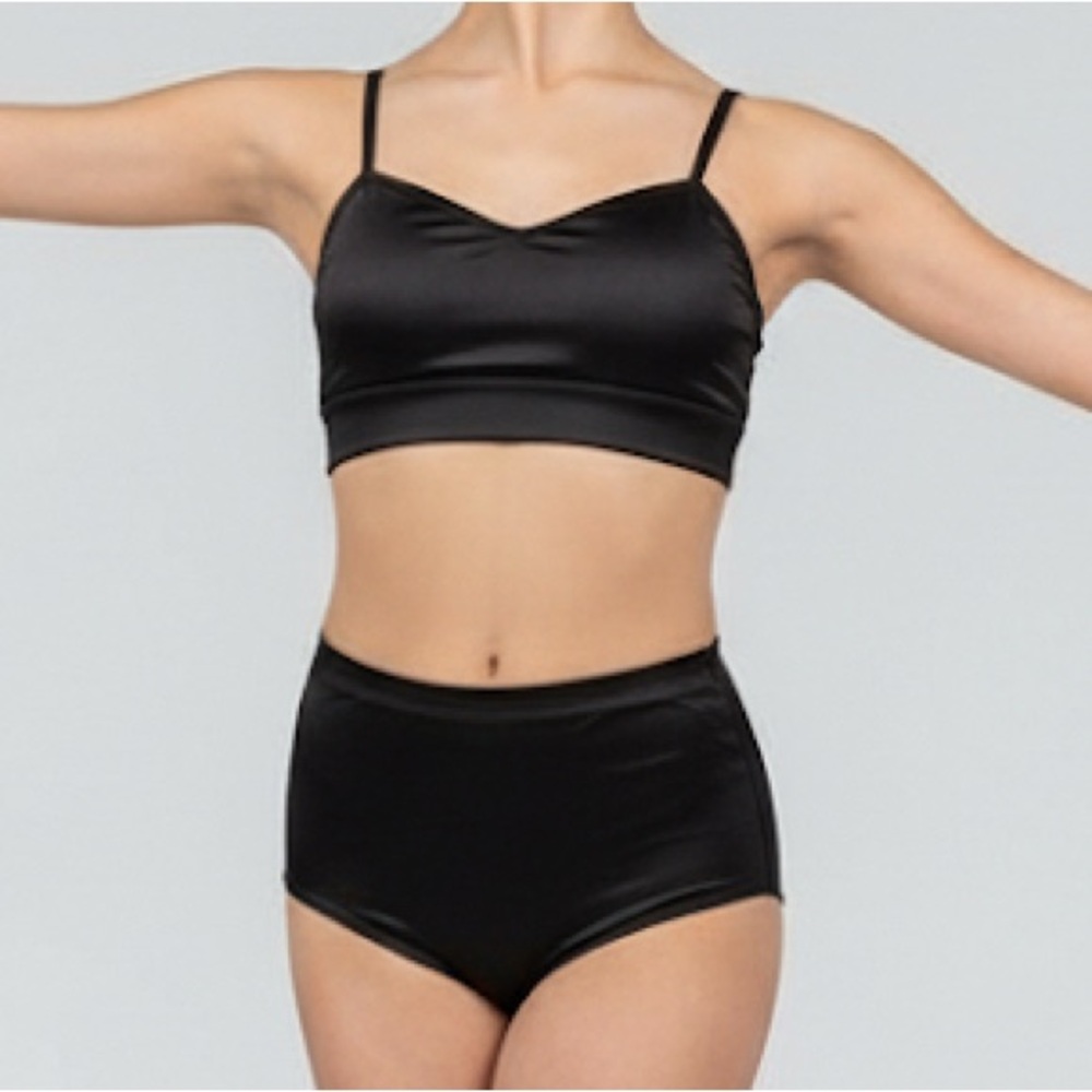 Double Platinum‎ 2 piece Black Dance set Satin crop Top and Briefs Adult XS NWT